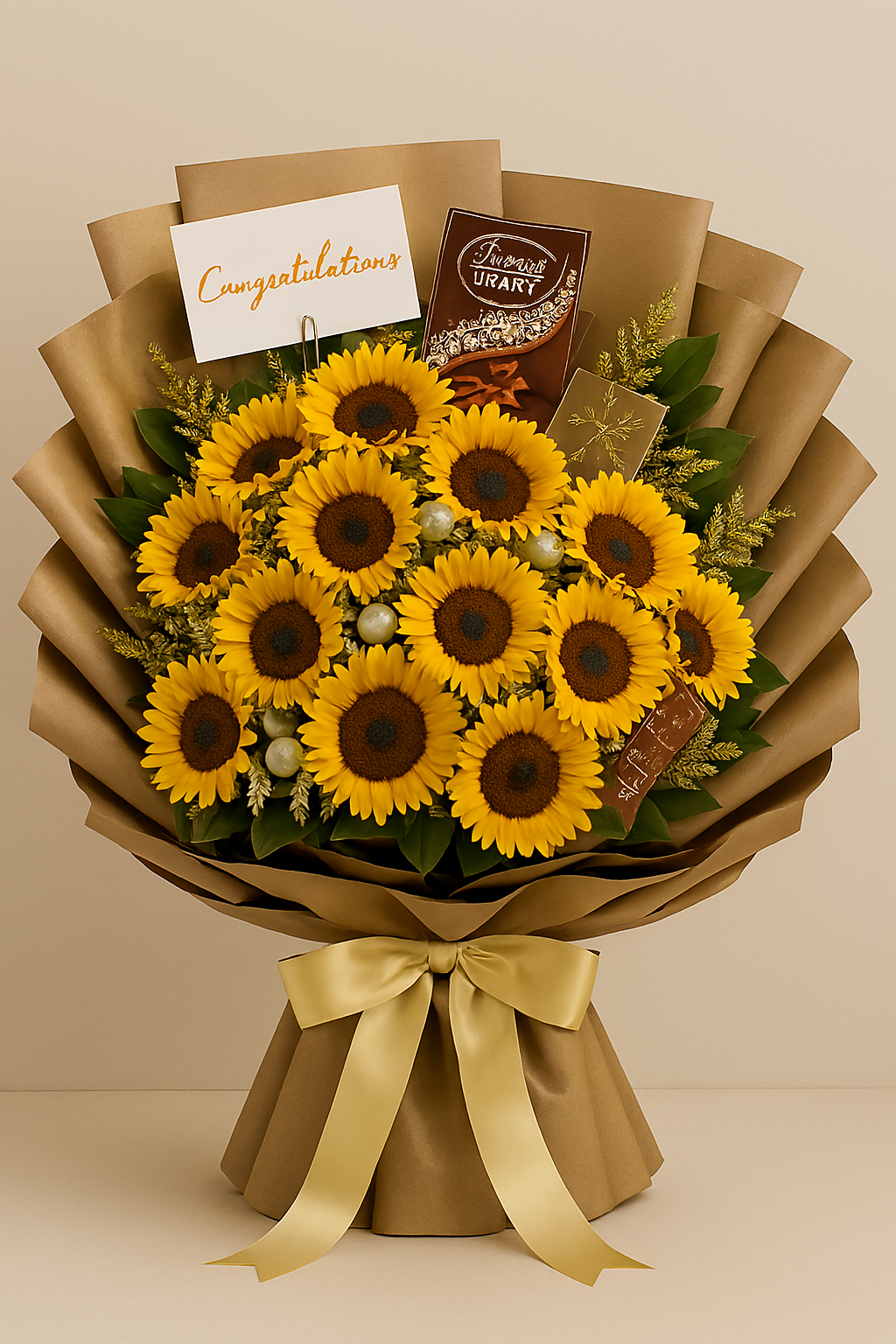 Deluxe Celebration sunflower bouquet with mixed foliage and silk ribbons