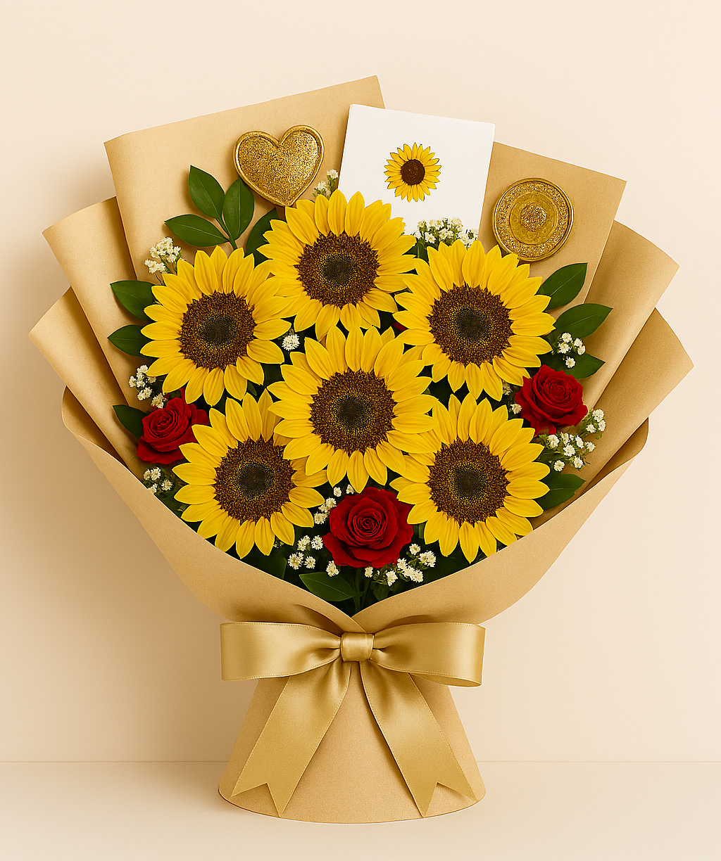 Everlasting Love anniversary sunflower bouquet with 9 sunflowers and delicate white accents wrapped in beige paper