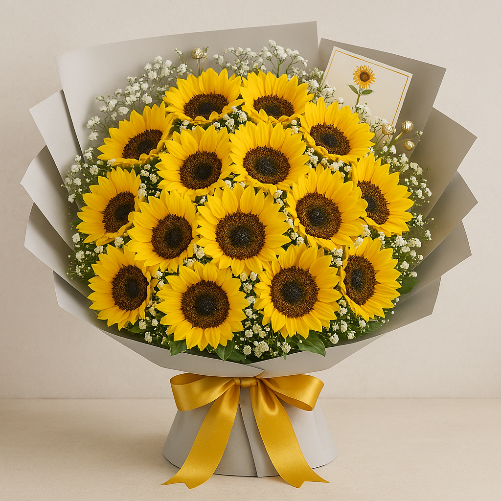 Premium Sunshine sunflower bouquet with white baby's breath