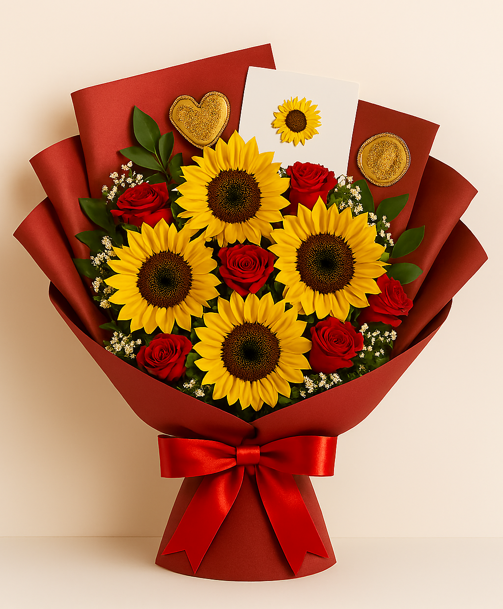 Romantic Elegance anniversary sunflower bouquet with 6 sunflowers, red roses and baby's breath wrapped in red paper with ribbon