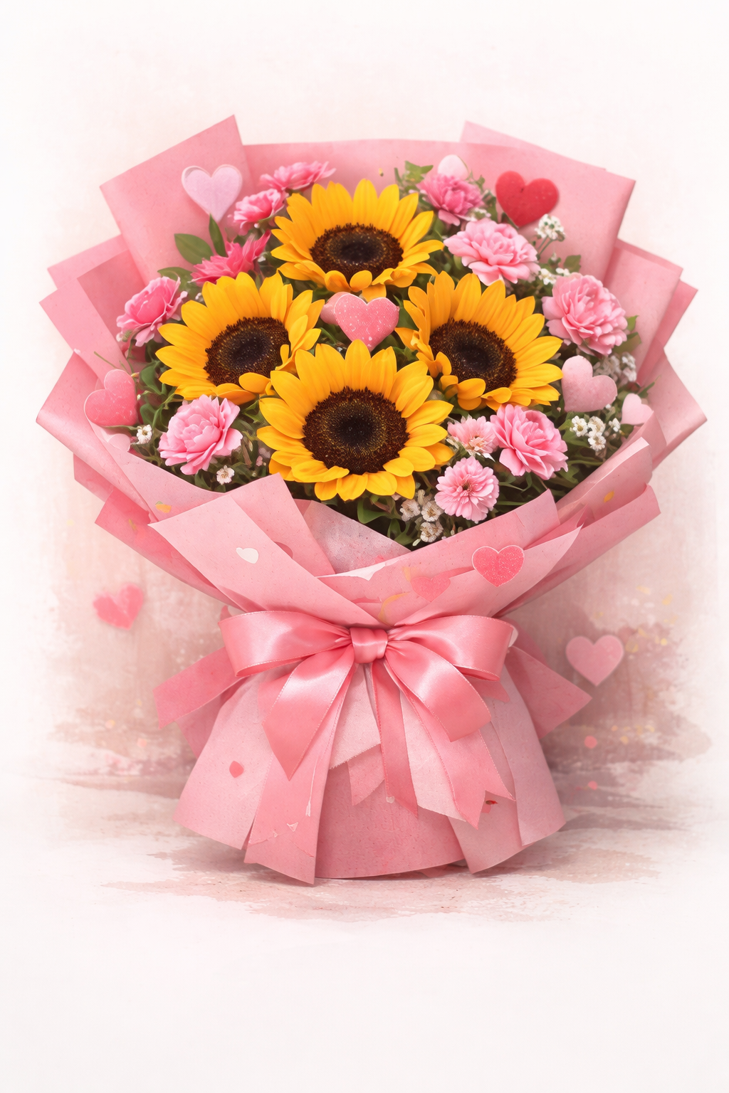 Sweetheart Surprise anniversary sunflower bouquet with 7 sunflowers, pink carnations and heart decorations wrapped in pink paper